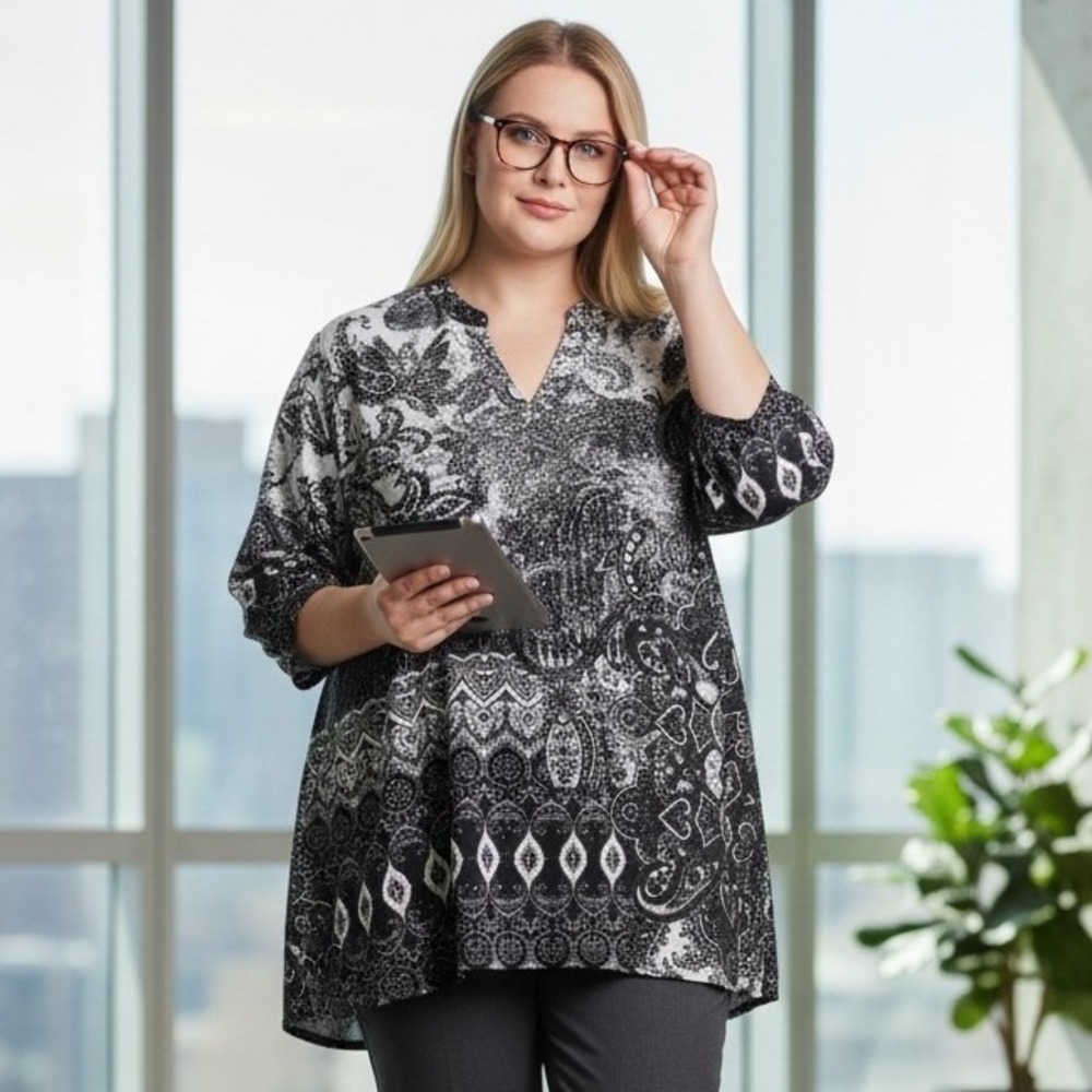 Catherines Womens 2X Tunic Top Black White Paisley Mixed Print Sequin V-Neck